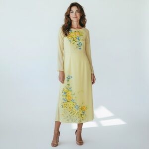Vintage Ao Dai Yellow Hand Painted Floral Long Sleeve sheer Dress